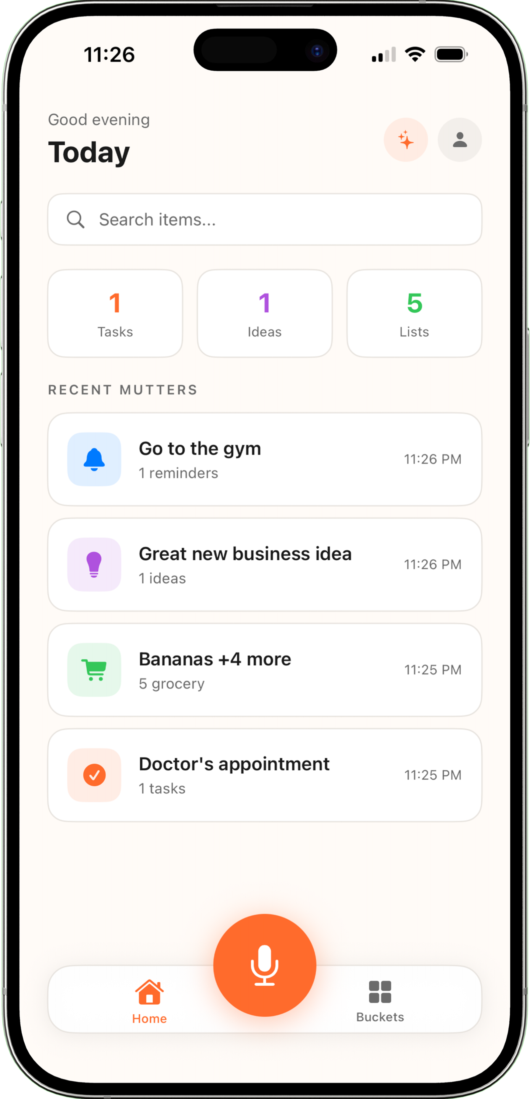 Mutter app screenshot showing organized tasks, ideas, and lists